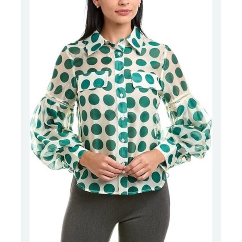 GRACIA‎ Women's Top SMALL Sheer Polka Green Button Front Blouse